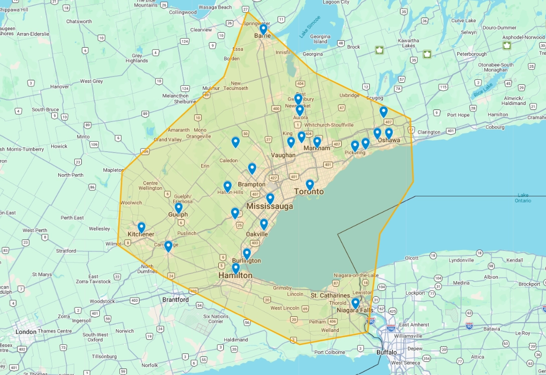 Map of Technovapes Hood Cleaning's service area covering the GTA and Southern Ontario, with pins for Toronto, Mississauga, Brampton, Markham, Vaughan, Richmond Hill, Oakville, Oshawa, Burlington, Whitby, Ajax, Pickering, Milton, Newmarket, Aurora, Caledon, Halton Hills, Durham, Kitchener, Niagara Falls, Hamilton, Barrie, Cambridge and Guelph